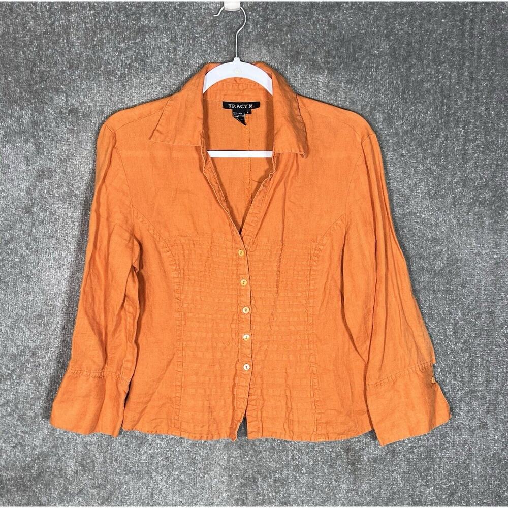 Tracy M Linen Top Womens Size Large Orange Button Up Pintucks Long Sleeve